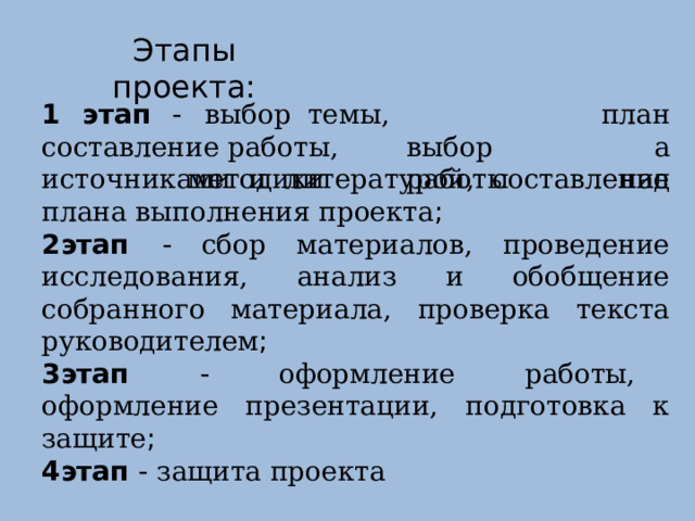 Этапы проекта: 1  этап  - выбор  темы,  составление работы,  выбор   методики  работы плана над источниками и литературой, составление плана выполнения проекта ; этап - сбор материалов, проведение исследования, анализ и обобщение собранного материала, проверка текста руководителем ; этап - оформление работы, оформление презентации, подготовка к защите ; этап - защита проекта 