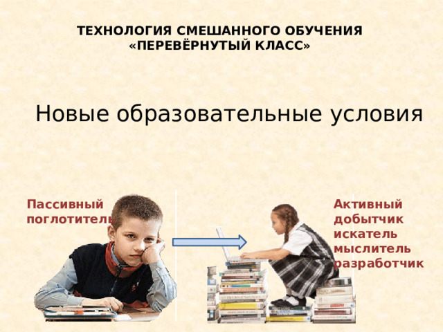ТЕХНОЛОГИЯ СМЕШАННОГО ОБУЧЕНИЯ «ПЕРЕВЁРНУТЫЙ КЛАСС» Новые образовательные условия Пассивный Активный поглотитель добытчик искатель мыслитель разработчик 