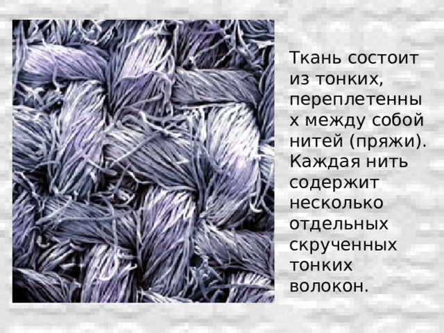 Ткань состоит из тонких, переплетенных между собой нитей (пряжи). Каждая нить содержит несколько отдельных скрученных тонких волокон. 