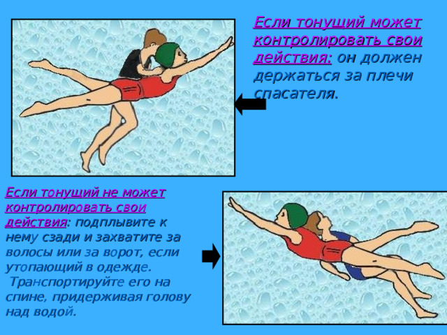 Если тонущий может контролировать свои действия: он должен держаться за плечи спасателя. Если тонущий  не может контролировать свои действия : подплывите к нему сзади и захватите за волосы или за ворот, если утопающий в одежде.  Транспортируйте его на спине, придерживая голову над водой. 