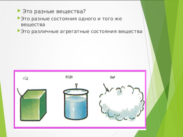  Это разные вещества? Это разные состояния одного и того же вещества Это различные агрегатные состояния вещества    