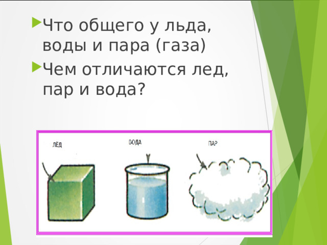 Что общего у льда, воды и пара (газа) Чем отличаются лед, пар и вода?  