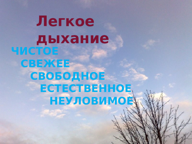 Легкое дыхание   ЧИСТОЕ   СВЕЖЕЕ    СВОБОДНОЕ     ЕСТЕСТВЕННОЕ      НЕУЛОВИМОЕ    