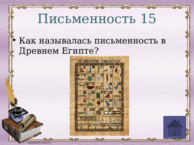 Письменность 15 Как называлась письменность в Древнем Египте? 