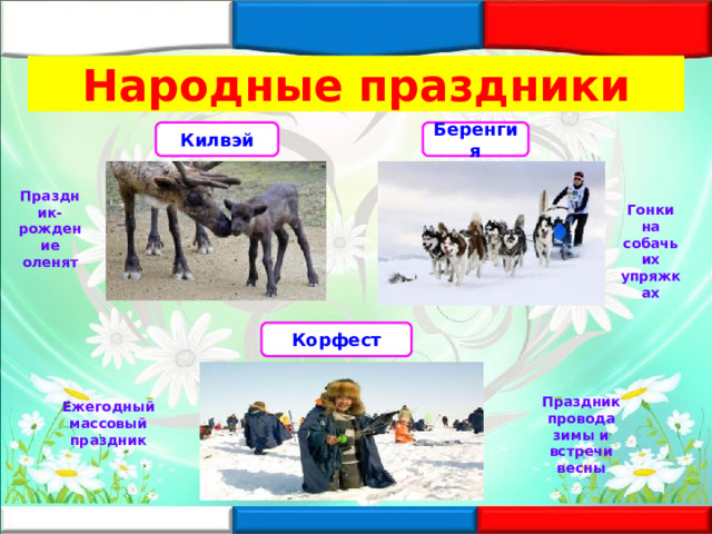 Народные праздники Килвэй Беренгия Праздник-рождение оленят Гонки на собачьих упряжках Корфест Ежегодный массовый праздник Праздник провода зимы и встречи весны 