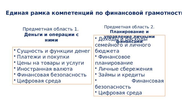 Единая рамка компетенций по финансовой грамотности Предметная область 2. Планирование и управление личными финансами Предметная область 1. Деньги и операции с ними  Доходы и расходы семейного и личного бюджета  Финансовое планирование  Личные сбережения  Займы и кредиты  Финансовая безопасность  Цифровая среда  Сущность и функции денег  Платежи и покупки  Цены на товары и услуги  Иностранная валюта  Финансовая безопасность  Цифровая среда 