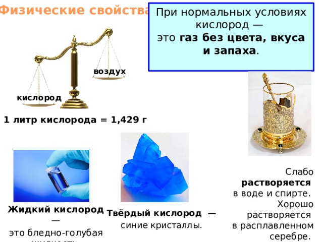 Физические свойства При нормальных условиях кислород — это газ без цвета, вкуса и запаха . воздух кислород 1 литр кислорода = 1,429 г Слабо растворяется  в воде и спирте. Хорошо растворяется в расплавленном серебре. Жидкий кислород  — это бледно-голубая жидкость. Твёрдый кислород  — синие кристаллы.  