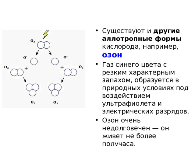 Существуют и другие аллотропные формы кислорода, например, озон  Газ синего цвета с резким характерным запахом, образуется в природных условиях под воздействием ультрафиолета и электрических разрядов. Озон очень недолговечен — он живет не более получаса. 