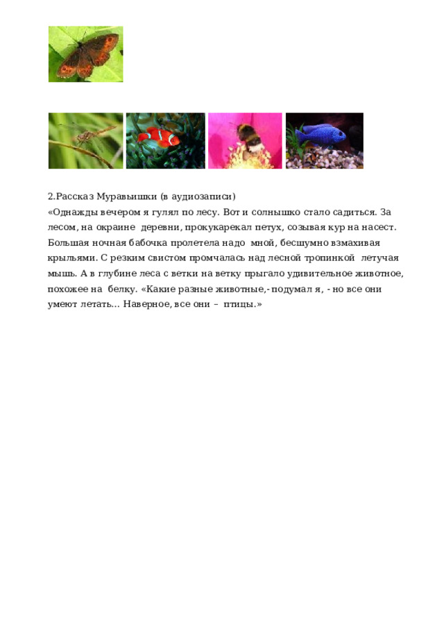 2.Рассказ  Муравьишки  (в  аудиозаписи) «Однажды вечером  я  гулял по  лесу.  Вот  и  солнышко  стало  садиться. За  лесом,  на окраине  деревни,  прокукарекал  петух,  созывая  кур  на  насест.  Большая  ночная  бабочка  пролетела  надо  мной,  бесшумно  взмахивая  крыльями.  С  резким  свистом  промчалась  над  лесной  тропинкой  летучая  мышь.  А в глубине леса с ветки  на ветку  прыгало  удивительное животное,  похожее на  белку.  «Какие  разные животные,- подумал я,  -  но  все они  умеют летать…  Наверное,  все они  –  птицы.» 