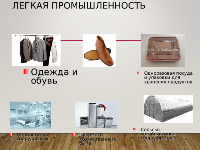 ЛЕГКАЯ ПРОМЫШЛЕННОСТЬ Одежда и обувь Одноразовая посуда и упаковки для хранения продуктов Сельско - хозяйственное оборудование Медицинское оборудование Предметы хозяйственного быта 