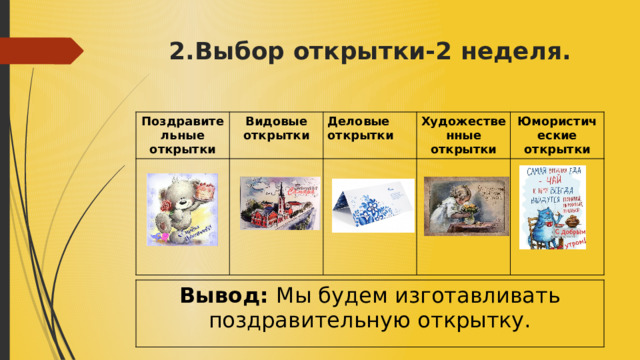 2.Выбор открытки-2 неделя. Поздравительные открытки Видовые открытки Деловые открытки Художественные открытки Юмористические открытки Вывод: Мы будем изготавливать поздравительную открытку. 