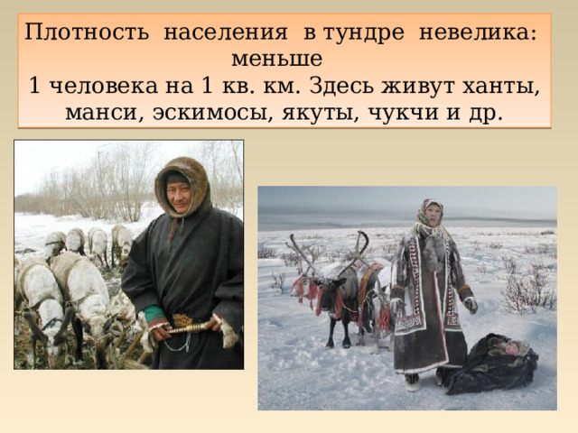 Плотность населения в тундре невелика: меньше 1 человека на 1 кв. км. Здесь живут ханты, манси, эскимосы, якуты, чукчи и др. 
