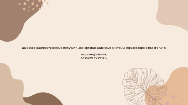 Широкое распространение получили две организационные системы образования в педагогике:   индивидуальная;  классно-урочная. 