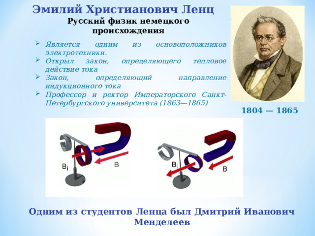 Эмилий Христианович Ленц Русский физик немецкого происхождения Является одним из основоположников электротехники. Открыл закон, определяющего тепловое действие тока Закон, определяющий направление индукционного тока Профессор и ректор Императорского Санкт-Петербургского университета (1863—1865) 1804 — 1865 Одним из студентов Ленца был Дмитрий Иванович Менделеев 