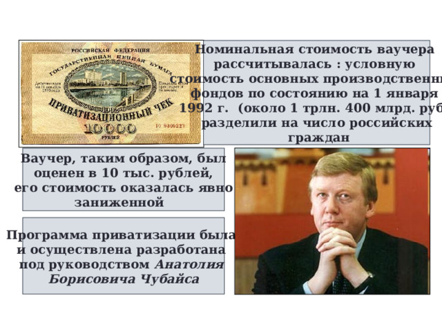 Номинальная стоимость ваучера рассчитывалась : условную стоимость основных производственных фондов по состоянию на 1 января 1992 г. (около 1 трлн. 400 млрд. руб.) разделили на число российских  граждан Ваучер, таким образом, был оценен в 10 тыс. рублей, его стоимость оказалась явно заниженной Программа приватизации была и осуществлена разработана под руководством Анатолия Борисовича Чубайса 
