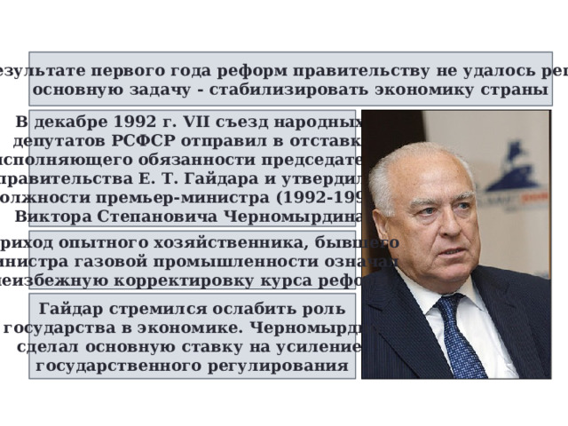 В результате первого года реформ правительству не удалось решить основную задачу - стабилизировать экономику страны В декабре 1992 г. VII съезд народных депутатов РСФСР отправил в отставку исполняющего обязанности председателя правительства Е. Т. Гайдара и утвердил в должности премьер-министра (1992-19998) Виктора Степановича Черномырдина  Приход опытного хозяйственника, бывшего министра газовой промышленности означал неизбежную корректировку курса реформ  Гайдар стремился ослабить роль государства в экономике. Черномырдин сделал основную ставку на усиление государственного регулирования 