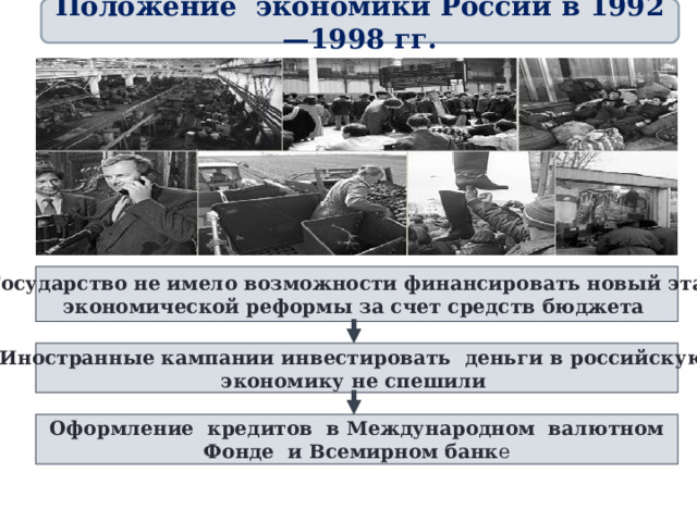 Положение экономики России в 1992—1998 гг. Государство не имело возможности финансировать новый этап экономической реформы за счет средств бюджета  Иностранные кампании инвестировать деньги в российскую экономику не спешили  Оформление кредитов в Международном валютном Фонде и Всемирном банк е 