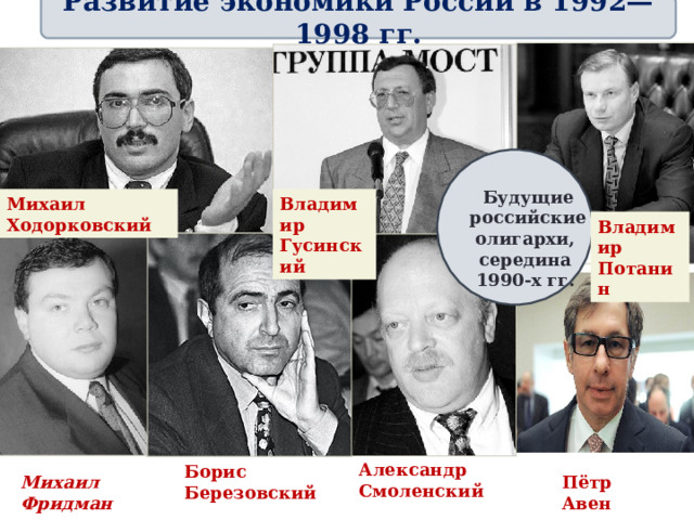 Развитие экономики России в 1992—1998 гг. Будущие российские олигархи, середина 1990-х гг. Владимир Гусинский Михаил Ходорковский Владимир Потанин Александр Смоленский Борис Березовский Пётр Авен Михаил Фридман   