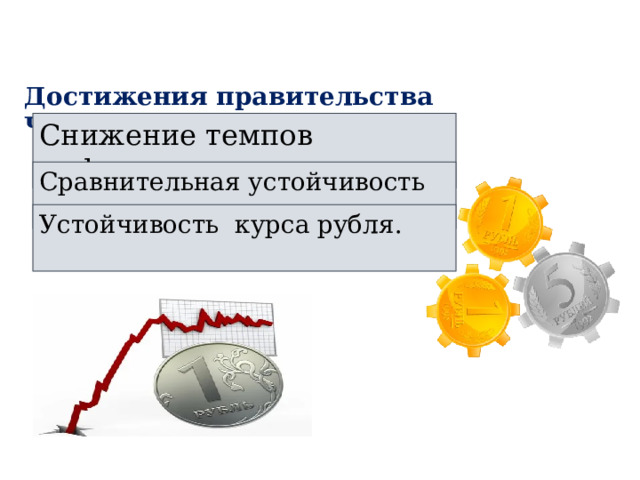 Достижения правительства Черномырдина Снижение темпов инфляции . Сравнительная устойчивость цен . Устойчивость курса рубля.  