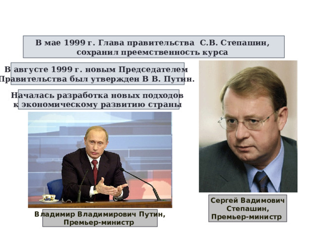 В мае 1999 г. Глава правительства С.В. Степашин, сохранил преемственность курса  В августе 1999 г. новым Председателем Правительства был утвержден В В. Путин. Началась разработка новых подходов к экономическому развитию страны  Сергей Вадимович  Степашин, Премьер-министр Владимир Владимирович Путин, Премьер-министр 