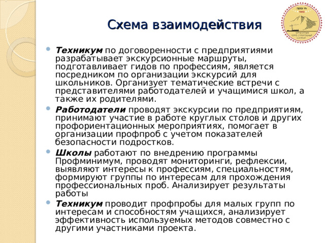 Схема взаимодействия Техникум по договоренности с предприятиями разрабатывает экскурсионные маршруты, подготавливает гидов по профессиям, является посредником по организации экскурсий для школьников. Организует тематические встречи с представителями работодателей и учащимися школ, а также их родителями. Работодатели проводят экскурсии по предприятиям, принимают участие в работе круглых столов и других профориентационных мероприятиях, помогает в организации профпроб с учетом показателей безопасности подростков. Школы работают по внедрению программы Профминимум, проводят мониторинги, рефлексии, выявляют интересы к профессиям, специальностям, формируют группы по интересам для прохождения профессиональных проб. Анализирует результаты работы Техникум проводит профпробы для малых групп по интересам и способностям учащихся, анализирует эффективность используемых методов совместно с другими участниками проекта.  