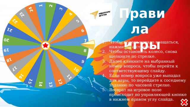 3 7 11 15 19 23 9 13 17 21 1 5 4 8 12 16 20 24 10 14 18 22 2 6 Правила игры Чтобы колесо начало вращаться, нажмите на стрелку. Чтобы остановить колесо, снова щелкните по стрелке. Далее кликните на выбранный номер вопроса, чтобы перейти к соответствующему слайду. Если номер вопроса уже выпадал для игры, то перейдите к соседнему заданию по часовой стрелке. Возврат на игровое поле происходит по управляющей кнопке в нижнем правом углу слайда. 
