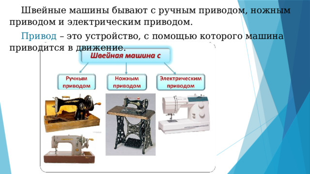  Швейные машины бывают с ручным приводом, ножным приводом и электрическим приводом.  Привод – это устройство, с помощью которого машина приводится в движение. 