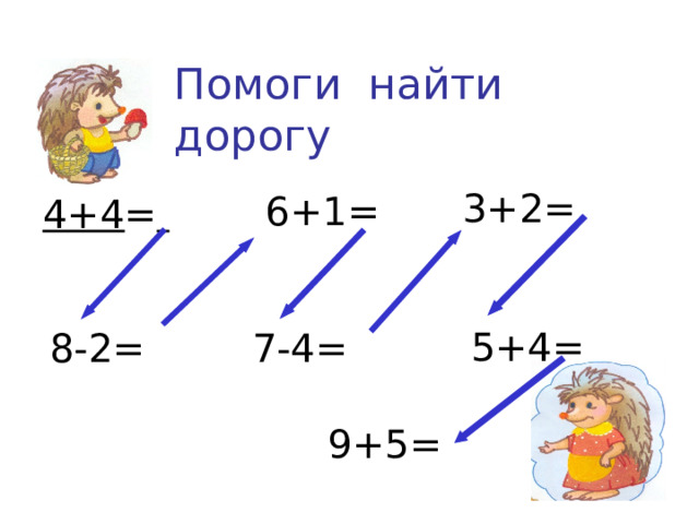 Помоги найти дорогу 3+2= 6+1= 4+4 =   7-4= 5+4= 8-2= 9+5= 