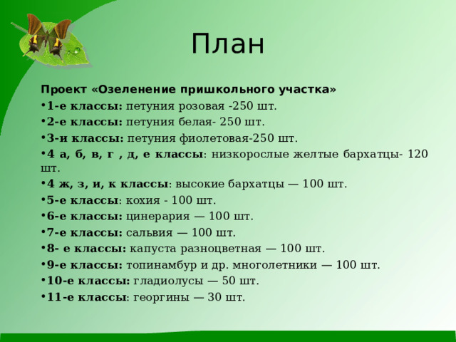 План Проект «Озеленение пришкольного участка»   1-е классы: петуния розовая -250 шт. 2-е классы: петуния белая- 250 шт. 3-и классы: петуния фиолетовая-250 шт. 4 а, б, в, г , д, е классы : низкорослые желтые бархатцы- 120 шт. 4 ж, з, и, к  классы : высокие бархатцы — 100 шт. 5-е классы : кохия - 100 шт. 6-е классы: цинерария — 100 шт. 7-е классы: сальвия — 100 шт. 8- е классы: капуста разноцветная — 100 шт. 9-е классы: топинамбур и др. многолетники — 100 шт. 10-е классы: гладиолусы — 50 шт. 11-е классы : георгины — 30 шт. 