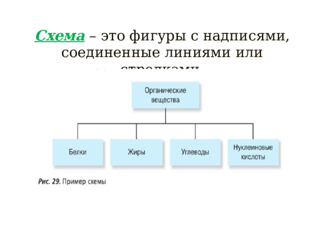 Схема  – это фигуры с надписями, соединенные линиями или стрелками. 