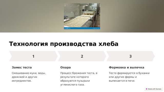 Технология производства хлеба Замес теста Опара Формовка и выпечка Смешивание муки, воды, дрожжей и других ингредиентов. Процесс брожения теста, в результате которого образуются пузырьки углекислого газа. Тесто формируется в буханки или другие формы и выпекается в печи.  