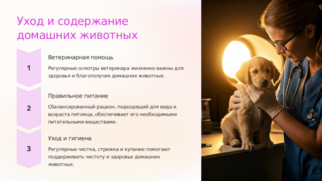 Уход и содержание домашних животных Ветеринарная помощь Регулярные осмотры ветеринара жизненно важны для здоровья и благополучия домашних животных. Правильное питание Сбалансированный рацион, подходящий для вида и возраста питомца, обеспечивает его необходимыми питательными веществами. Уход и гигиена Регулярные чистка, стрижка и купание помогают поддерживать чистоту и здоровье домашних животных.  