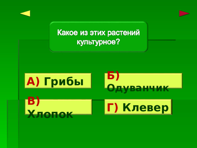 Б) Одуванчик Ошибка! Ошибка! А) Грибы Г) Клевер Верно! Ошибка! В) Хлопок 