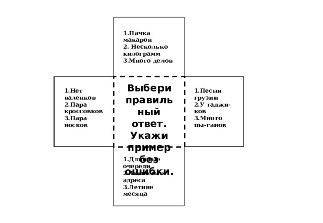 1.Пачка макарон 2. Несколько килограмм 3.Много делов Выбери правильный ответ. Укажи пример без ошибки. 1.Песни грузин 1.Нет валенков 2.У таджи-ков 2.Пара кроссовков 3.Много цы-ганов 3.Пара носков 1.Длинные очереди 2.Знакомые адреса 3.Летние месяца 