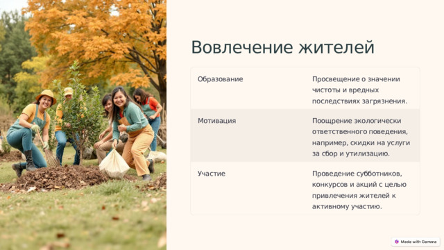 Вовлечение жителей Образование Просвещение о значении чистоты и вредных последствиях загрязнения. Мотивация Поощрение экологически ответственного поведения, например, скидки на услуги за сбор и утилизацию. Участие Проведение субботников, конкурсов и акций с целью привлечения жителей к активному участию.  