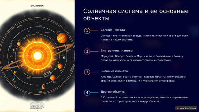 Солнечная система и ее основные объекты Солнце - звезда 1 Солнце - это гигантская звезда, источник энергии и света для всех планет в нашей системе. Внутренние планеты 2 Меркурий, Венера, Земля и Марс - четыре ближайшие к Солнцу планеты, отличающиеся своим составом и свойствами. Внешние планеты 3 Юпитер, Сатурн, Уран и Нептун - газовые гиганты, отличающиеся своими огромными размерами и уникальной атмосферой. Другие объекты 4 В Солнечной системе также есть астероиды, кометы и карликовые планеты, которые вращаются вокруг Солнца.  
