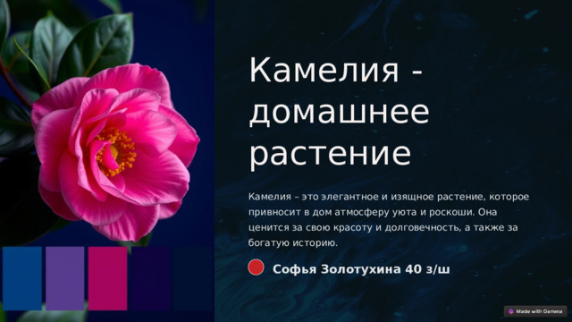  Камелия - домашнее растение Камелия – это элегантное и изящное растение, которое привносит в дом атмосферу уюта и роскоши. Она ценится за свою красоту и долговечность, а также за богатую историю.  Софья Золотухина 40 з/ш 