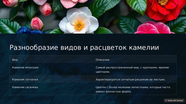  Разнообразие видов и расцветок камелии Вид Описание Камелия японская Самый распространенный вид, с крупными, яркими цветками. Камелия сетчатая Характеризуется сетчатым рисунком на листьях. Камелия сасанква Цветки с более мелкими лепестками, которые часто имеют волнистую форму. 
