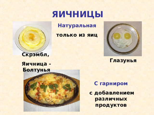 ЯИЧНИЦЫ Натуральная только из яиц Скрэмбл, Яичница - Болтунья Глазунья С гарниром  с добавлением различных продуктов 