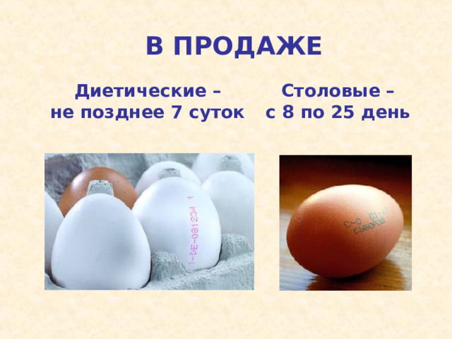 В ПРОДАЖЕ Диетические – не позднее 7 суток Столовые – с 8 по 25 день 