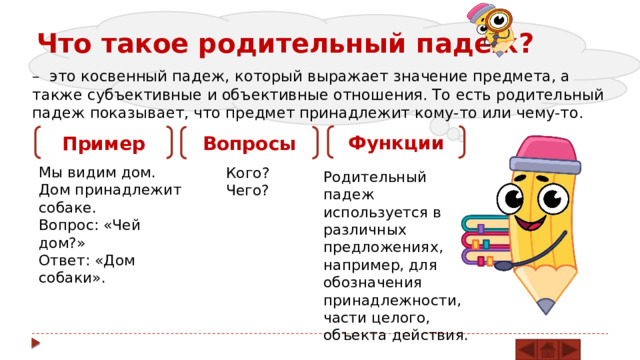 Что такое родительный падеж? – это косвенный падеж, который выражает значение предмета, а также субъективные и объективные отношения. То есть родительный падеж показывает, что предмет принадлежит кому-то или чему-то. Функции Пример Вопросы Мы видим дом. Дом принадлежит собаке. Вопрос: «Чей дом?» Ответ: «Дом собаки». Кого? Чего? Родительный падеж используется в различных предложениях, например, для обозначения принадлежности, части целого, объекта действия. 