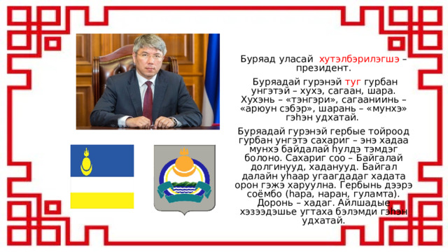 Буряад уласай хутэлбэрилэгшэ – президент.  Буряадай гурэнэй туг гурбан унгэтэй – хухэ, сагаан, шара. Хухэнь – «тэнгэри», сагааниинь – «арюун сэбэр», шарань – «мунхэ» гэhэн удхатай. Буряадай гурэнэй гербые тойроод гурбан унгэтэ сахариг – энэ хадаа мунхэ байдалай hулдэ тэмдэг болоно. Сахариг соо – Байгалай долгинууд, хаданууд. Байгал далайн уhаар угаагдадаг хадата орон гэжэ харуулна. Гербынь дээрэ соёмбо (hара, наран, гуламта). Доронь – хадаг. Айлшадые хэзээдэшье угтаха бэлэмди гэhэн удхатай. 