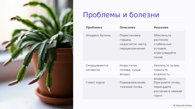Проблемы и болезни Проблема Описание Решение Обеспечьте растению стабильные условия, отрегулируйте полив. Перестановка горшка, недостаток света, переувлажнение. Опадают бутоны Сморщиваются сегменты Недостаток полива, сухой воздух. Увеличьте полив, повысьте влажность воздуха. Гниют корни Переувлажнение, тяжелая почва. Просушите почву, пересадите растение в свежий грунт.  