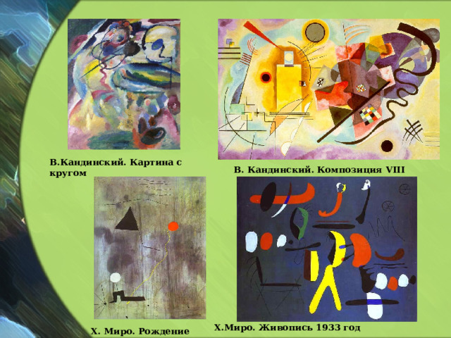 В.Кандинский. Картина с кругом В. Кандинский. Композиция VIII Х.Миро. Живопись 1933 год Х. Миро. Рождение мира 