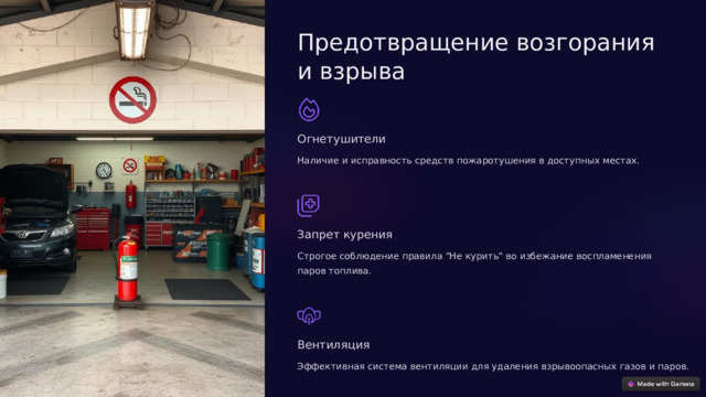 Предотвращение возгорания и взрыва Огнетушители Наличие и исправность средств пожаротушения в доступных местах. Запрет курения Строгое соблюдение правила 