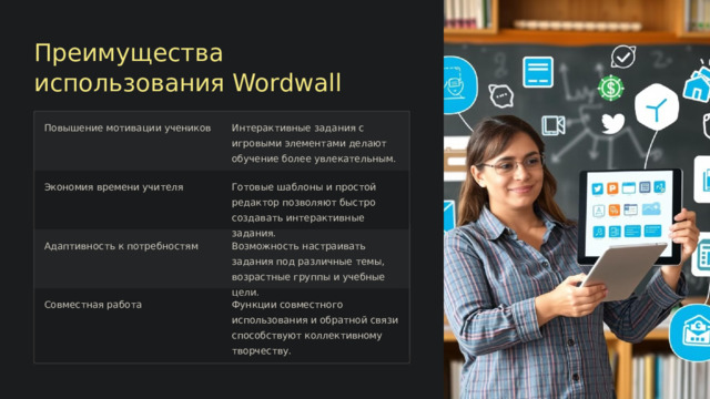 Преимущества использования Wordwall Повышение мотивации учеников Интерактивные задания с игровыми элементами делают обучение более увлекательным. Экономия времени учителя Готовые шаблоны и простой редактор позволяют быстро создавать интерактивные задания. Адаптивность к потребностям Возможность настраивать задания под различные темы, возрастные группы и учебные цели. Совместная работа Функции совместного использования и обратной связи способствуют коллективному творчеству.  