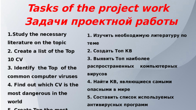 Tasks of the project work   Задачи проектной работы 1.Study the necessary literature on the topic 2. Create a list of the Top 10 CV  3. Identify the Top of the common computer viruses 4. Find out which CV is the most dangerous in the world 5. Create Top the most useful programmes 1. Изучить необходимую литературу по теме  2. Создать Топ КВ 3. Выявить Топ наиболее распространенных компьютерных вирусов 4. Найти КВ, являющиеся самыми опасными в мире 5. Составить список используемых антивирусных программ 