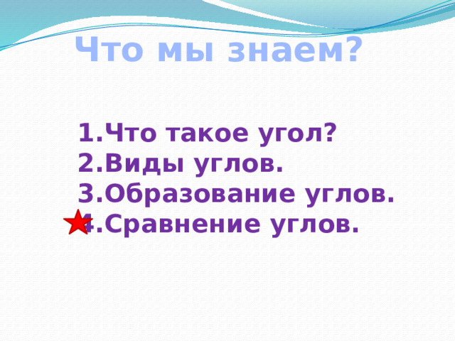 Что мы знаем? Что такое угол? Виды углов. Образование углов. Сравнение углов. 
