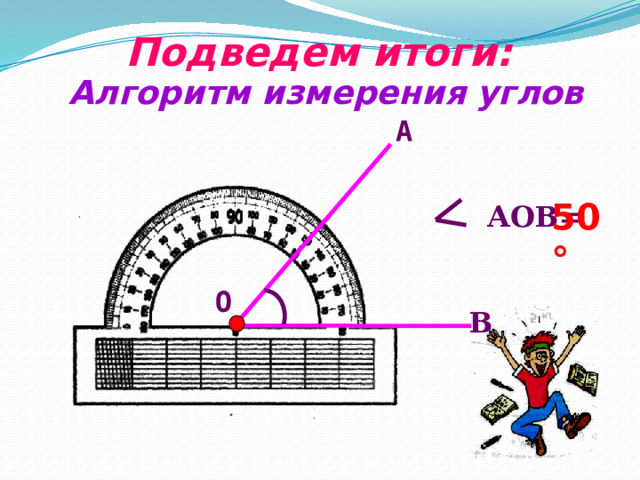 Подведем итоги: Алгоритм измерения углов А 50 °  АОВ= О В 