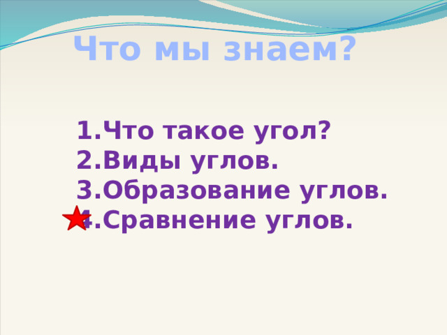 Что мы знаем? Что такое угол? Виды углов. Образование углов. Сравнение углов. 